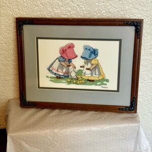 Vintage Custom Framed Cross-Stitch Art with Children